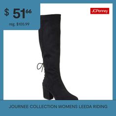 Change it up with the Leeda boot by Journee Collection. This adorable heeled boot features a lace-up detail in the back with a bow to finish it off. There is also a stretch gore on the side as needed. You'll look fabulous in this beautiful faux suede heeled boot.Features: LightweightClosure Type: ZipperShaft Circumference: 14 1/2 InchesBoot Shaft Height: 16 InchesShoe Heel Height: 2 3/4 InchesUpper/Outer Base Material: 100% SyntheticShoe Lining Material: Faux FurSole Material Content: 100% Rubb… Spring Wide Calf Lace-up Boots, Wide Calf Riding Boots, Boots Dress, Dress Boots, Wide Calf, Journee Collection, Dress With Boots, Riding Boots, Faux Suede