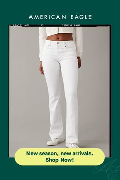 Next Level Stretch/Our softest, stretchiest, never-loses-its-shape denim/Super soft inside and out, comfortable, and lightweight/Won't bag out. Ever./White color wash Bootcut Jean, Next Level, Bootcut Jeans, White Color, Low Rise, American Eagle Outfitters, Women's Jeans, American Eagle, Women Jeans