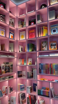 a pink book shelf filled with lots of books