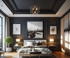 a bedroom with black and white walls, wood flooring and artwork on the wall