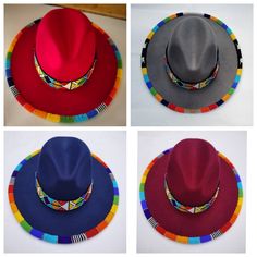 four hats with different colors and designs on them