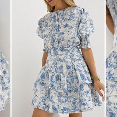 Vita Grace - Emily Cotton Tiered Dress | Blue Mix | Size L | Nerved Worn Still Has Tags Blue Floral Short Sleeve Dress For Daywear, Blue Mix Color, The Perfect Day, White Heels, Vacation Mode, Mix Color, Simple White, Day Dress, Tiered Skirt