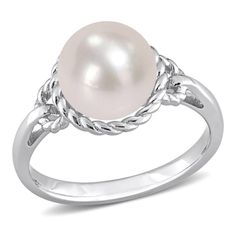 This captivating piece of jewelry effortlessly combines the timeless allure of pearls with the intricacy of sterling silver craftsmanship. At the heart of this ring lies a lustrous, round-shaped cultured freshwater pearl, measuring between 9 and 9.5MM. Surrounding the radiant pearl is a delicate rope-like frame, meticulously crafted from high-quality sterling silver. The intricate detailing of the rope design adds a touch of refinement and texture to the overall composition. It can be paired eff Classic Pearl Ring With Pearl Drop, Classic Round Pearl Ring With Pearl Drop, Classic Jewelry Ring With Pearl Charm, Pearl White Pearl Ring For Anniversary, Classic Sterling Silver Pearl Drop Ring, Classic Pearl Ring Jewelry, Classic Pearl White Ring For Promise, Fine Jewelry Silver Pearl Ring, Classic Pearl White Jewelry For Promise Ring