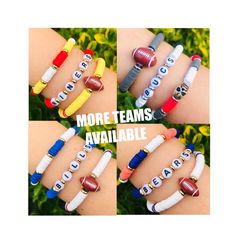 Unique, Football Bracelets! THIS IS A SET OF 3 These are for football fans that want to show their team spirit in a cool way! These bracelets are made durable and are made with Heishi Clay Beads, Acrylic Letter Beads, and spacer beads! Available in all 32 Teams ALL Teams: Buffalo Bills, New England Patriots, Miami Dolphins, NY Jets, Cincinnati Bengals, Baltimore Ravens, Pittsburgh Steelers, Cleveland Browns, Jacksonville Jaguars, Tennessee Titans, Indianapolis Colts, Houston Texans, Kansas City Chiefs, LA Chargers, Las Vegas Raiders, Denver Broncos, Philadelphia Eagles, Dallas Cowboys, NY Giants, Washington Commanders, Minnesota Vikings, Detroit Lions, Green Bay Packers, Chicago Bears, Tampa Bay Buccaneers, Louisiana Saints, Carolina Panthers, Atlanta Falcons, San Francisco Niners, Seattle Team-colored Wristband For Game Day, Team Spirit Wristband With Letter Beads For Game Day, Team Spirit Letter Beads Wristband For Game Day, Multicolor Team Spirit Beaded Bracelets For Game Day, White Team Spirit Wristbands For Team Events, White Team Spirit Wristband For Team Events, White Beaded Bracelets For Football Season, Multicolor Beaded Bracelets For Game Day, White Team Spirit Bracelets For Game Day