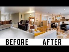 before and after pictures of a living room with couches, chairs, kitchen island and dining area