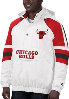 You'll be cozy as cheer on the Bulls in this Chicago Bulls White Pullover Jackets! This Chicago Thursday Night Pullover features a white body with team color accents on sleeves and detachable hood with twill applique team logo at left chest and team wordmark on front pocket flap. Wear your team spirit with pride in this Pullover Jackets even in the coldest weather! Go Bulls! White Sporty Outerwear With Logo Detail, Sporty White Outerwear With Logo Detail, Varsity Sports Windbreaker With Ribbed Cuffs, Varsity Cotton Hooded Windbreaker, Sporty Track Jacket For Sports Season Fan Gear, White Hooded Outerwear For Sports Events, Sports Outerwear With Logo And Long Sleeves, Sports Long Sleeve Outerwear With Logo Detail, White Hooded Windbreaker For Sports Season