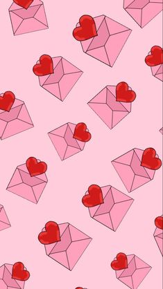 many red hearts are in an envelope on a pink background that has been drawn by hand