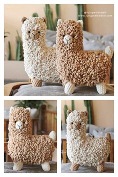 two pictures of a stuffed llama made out of rice krispy kreme