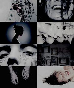 a collage of black and white images with woman's face in the middle