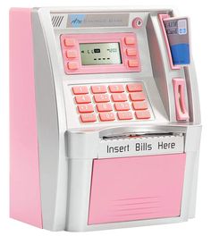 a pink and silver cash register machine with an alarm clock on the front, inside bills here