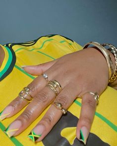 Jamaican Nail Inspo..  #jamaicanailinspo #nailart #nailinstagram #nailart #nailasthetic #nailinpso Jamaica Acrylic Nails, Jamaican Nail Art, Jamaican Nails Ideas Design, Jamaican Acrylic Nails, Jamaican Style Nails, Simple Nail Acrylic Designs, Short Island Nails, Acrylic Nail Ideas For Beach Vacation, Neon Nails Black Women