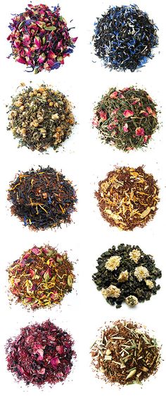 many different types of teas arranged in rows