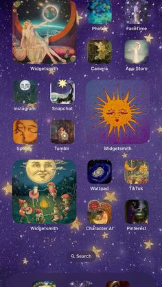 an image of the zodiac sign with stars and moon in the sky above it, as well as other astrological symbols