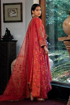 Red asymmetric kurta with floral printed side panel embellished by sequins and swirl thread embroidery. Comes with dhoti pant and a printed dupatta. - Aza Fashions Red Chanderi Salwar Kameez With Dabka, Red Churidar With Sheer Dupatta And Traditional Drape, Red Festive Dupatta, Traditional Red Salwar Kameez With Sheer Dupatta, Red Dabka Embroidered Dupatta For Festivals, Sheer Dupatta Lehenga In Jamawar, Red Sharara With Dabka For Navratri, Red Dupatta With Dabka For Festivals, Red Jamawar Sets With Dabka Work