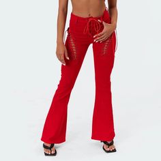 Size S Edikted Flared Jeans With Laces Black Flared Jeans, Colored Denim Jeans, Lace Up Pants, Black Flare Jeans, White Ripped Jeans, Red Flare, Metallic Pants, White Flares, Red Boho