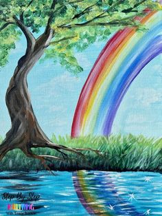 a painting of a rainbow and tree by the water