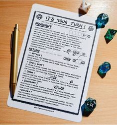 a paper with some dice on it next to a pen and two other dices