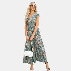 Women's Paisley Print V-neck Maxi Dress - Cupshe-xs-multi : Target Wedding Attendee Dress, Plus Size Long Dresses, Floral Print Maxi, Long Dresses, Paisley Pattern, Art Journals, Women's Summer Fashion, Paisley Print, Uniqlo