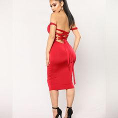 Red Lace Up Bodycon Dress - Fashion Nova Nwt Xs Red Bodycon Dress For Club, Red Backless Bodycon Dress For Club, Red Flirty Bodycon Dress For Club, Flirty Red Bodycon Dress For Club, Red Backless Bodycon Dress For Date Night, Red Backless Midi Dress For Spring, Red Knee-length Midi Dress For Club, Flirty Red Midi Dress For Date Night, Spring Red Backless Midi Dress