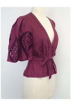 Size 4 Maroon Top Clasp closure Tie waist Embroidery detail on sleeves Sleeve length 12.5" Shoulder to shoulder 14.5" Bust 30" Waist 25" Total length 20" Fitted Burgundy Blouse For Summer, Fitted Burgundy Summer Blouse, Bohemian Burgundy Tops For Spring, Bohemian Burgundy Top For Spring, Maroon Top, Tracy Reese, Fashion Fall, Linen Top, Embroidery Details