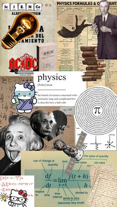 collage of physics related items including books, letters, and pictures with captions