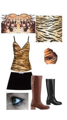 a woman's outfit and accessories including boots, eyeglasses, tiger print shirt, skirt, scarf, belt