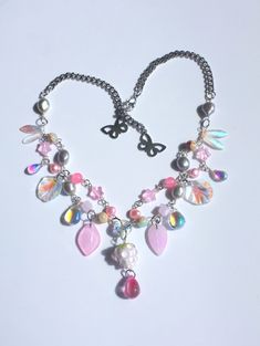 handmade pink glass beads fairycore strawberry with freshwater pearl necklace,stainless steel wired butterfly,Y2K style, cottage core 38+5cm Butterfly Y2k, Style Cottage, Freshwater Pearl Necklace, Stainless Steel Wire, Freshwater Pearl Necklaces, Pink Glass, Y2k Style, Cottage Core, How To Make Beads