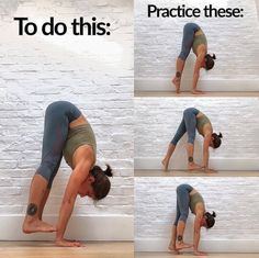 a woman is doing yoga poses in front of a brick wall with the words to do this practice these