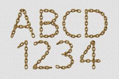 the letters and numbers made out of gold chains are shown in this set, with each letter