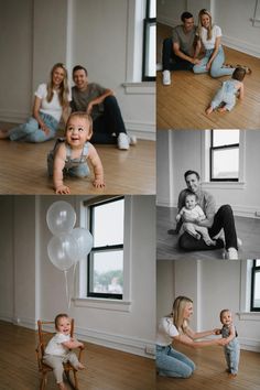 a collage of photos showing a baby and family in their living room with balloons