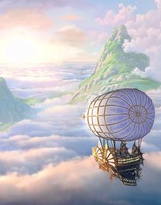 there is a hot air balloon floating in the sky with mountains and clouds behind it