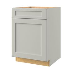 a white kitchen cabinet with an unfinished door and drawer on the bottom, against a white background