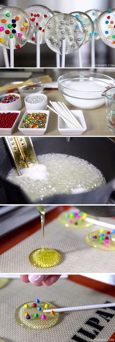 the process of making confetti with sprinkles on plates and spoons