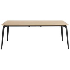 a wooden table with black legs on a white background