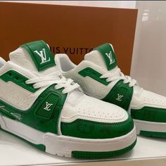 Green Louis Vuitton Sneakers Size 43 Never Worn Luxury Green Sneakers With Branded Insole, Luxury Green Sneakers For Streetwear, Luxury Green Low-top Sneakers, Green Luxury Low-top Custom Sneakers, Luxury Green Custom Lace-up Sneakers, Luxury Custom Green Lace-up Sneakers, Louis Vuitton For Men, Green Louis Vuitton, Louis Vuitton Sneakers