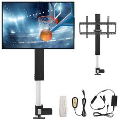 an image of a basketball game being played on the tv screen with remote controls and cables