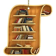 a book shelf with books hanging from it's sides