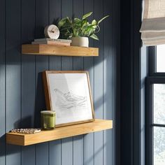 two wooden shelves with pictures and plants on them in front of a blue painted wall