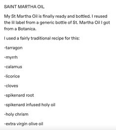 a recipe for saint martha oil is shown in this screenshot with the caption above it