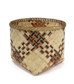 a woven basket is shown on a white surface with brown lines and black dots in the center