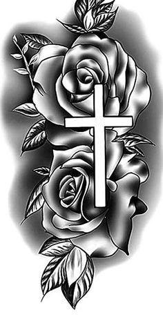 a cross and roses tattoo design