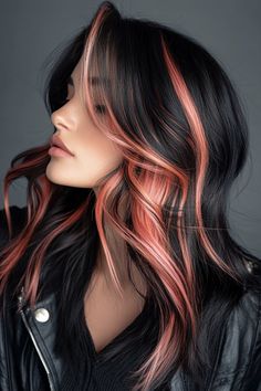 Jet Black Hair Magic: 17 Ideas to Elevate Your Look Black Long Bob Haircut, Two Toned Medium Length Hair, Black Magic Effect, Statement Hair Color, Black Hair Colored Highlights, Moody Hair Color, Fun Professional Hair Color, Dark Hair Peekaboo Color, Vivid Balayage Hair