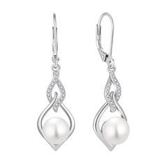 Silver And Pearl Earrings, Timeless Pearl Drop Earrings With Cubic Zirconia, Elegant Sterling Silver Bridal Earrings With Pearl Pendant, Diamond White Sterling Silver Dangle Pearl Earrings, Gift Cubic Zirconia Pearl Pendant Earrings, Silver Cubic Zirconia Dangle Pearl Earrings, Infinity Earrings, Silver Pearl Earrings, Silver Jewelry Box