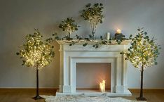 two candles are lit in front of a fireplace with trees on either side and an area rug