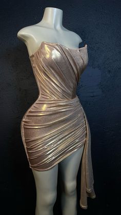 Chandice Metallic Draped Dress For Night Out, One Shoulder Gold Evening Dress For Prom, Gold One-shoulder Evening Dress For Prom, Gold One-shoulder Evening Dress For Prom Season, Glamorous Gold Strapless Evening Dress, Metallic Draped Fitted Dress, Metallic Fitted Draped Dress, Gold Draped Evening Dress For Party, Gold Strapless Evening Dress For Prom