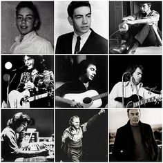 black and white photos of men with guitars, singing, playing instruments, and dancing