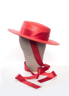 This full-size red faux straw hat is trimmed with luxe bright red ribbon. Ribbon ends are pinked. Nice and structured, not floppy, with a wide brim. Inspired by one of my older hat designs that was featured in Marie Claire (last image). Fits up to a 23" head size. Material: 100% Polypropylene Crown Width: 6.5 inch Crown Height: 3.25 inch Brim Width: 3 inch Ships in a hat box. This item is OVERSIZED so unfortunately shipping will be quite high. All pieces are MADE TO ORDER. Please contact us if y Ribbon Ends, Hat Box, Ribbon Tie, Red Ribbon, Make Time, Marie Claire, Wide Brimmed, Straw Hat, Hat Designs