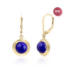 Reminiscent of old world charm, these lapis lazuli earrings feature 8mm round-shaped AAA quality cobalt blue lapis cabochons in an opulent 14K gold-filled setting. Secure with lever backs for added comfort. Also available with shield accented lever backs for a more substantia feel. Old world charm meets modern classic designing. Perfect 9th Anniversary jewelry gift for women. PRODUCT INFORMATION -  METAL: 14K Gold Filled  -  DIMENSIONS: Length - 1.1 Inch / 28mm, Width - 0.5 Inch / 13mm, Drop Len Classic Lapis Lazuli Yellow Gold Jewelry, Classic Round Lapis Lazuli Jewelry, Classic Yellow Gold Lapis Lazuli Jewelry, Classic Yellow Gold Jewelry With Lapis Lazuli, Classic Sapphire Dangle Jewelry, Anniversary Yellow Gold Lapis Lazuli Jewelry, Polished Yellow Gold Lapis Lazuli Jewelry, Yellow Gold Lapis Lazuli Jewelry With Polished Finish, Royal Blue Lapis Lazuli Round Jewelry