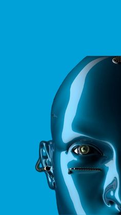 a blue robot with its eyes wide open and his head slightly turned to the side