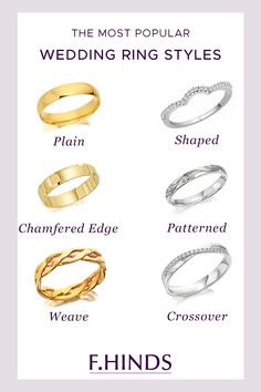 the most popular wedding ring styles in different shapes and sizes, from thin to flat